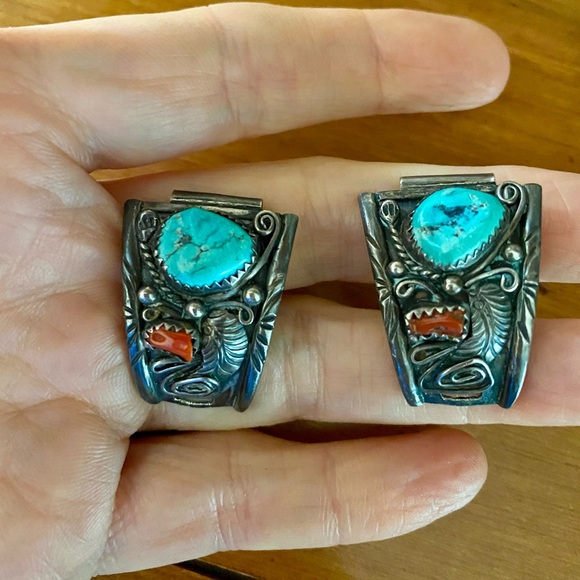 Vintage Navajo Sterling Silver, Turquoise, Coral Watch Tips - Picture 2 of 8